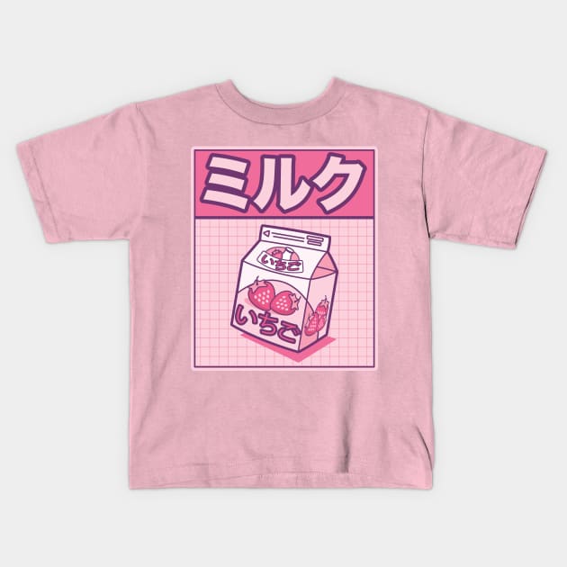 Japanese Strawberry Milk Kanjo Kawaii Grid Design Kids T-Shirt by Huhnerdieb Apparel